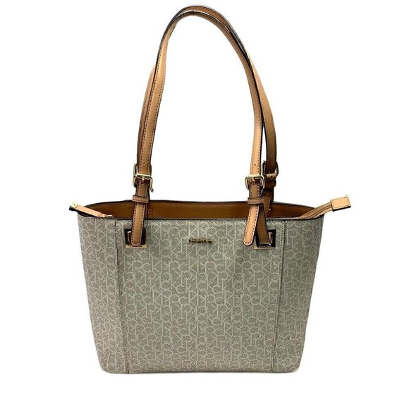 Calvin Klein Signature Satchel H8ABJ6UW Vegan Leather White/Tan Gold Hardware - Picture 1 of 13